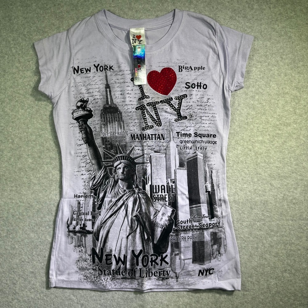 I Love NY T-Shirt Womens Small Lavender Purple Rhinestone Statue of Liberty NWT